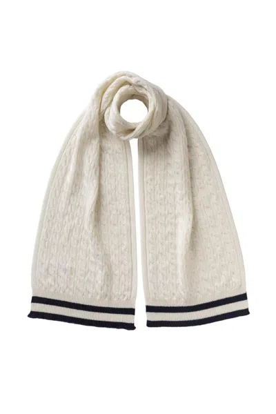Johnstons Of Elgin Knitted Cable Stripe White & Navy Scarf