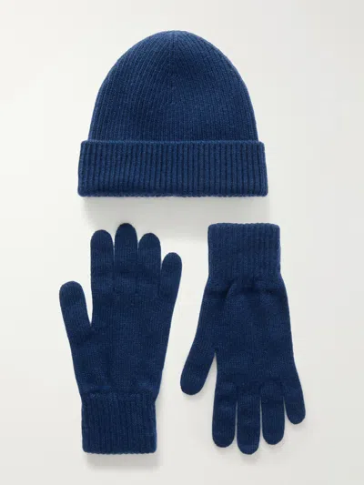 Johnstons Of Elgin Ribbed Gloves And Beanie Cashmere Set In Blue