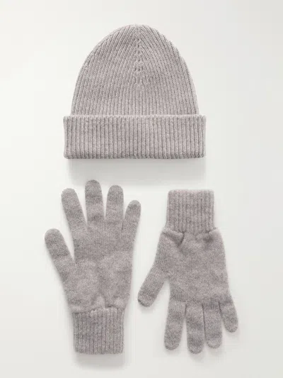Johnstons Of Elgin Ribbed Gloves And Beanie Cashmere Set In Gray