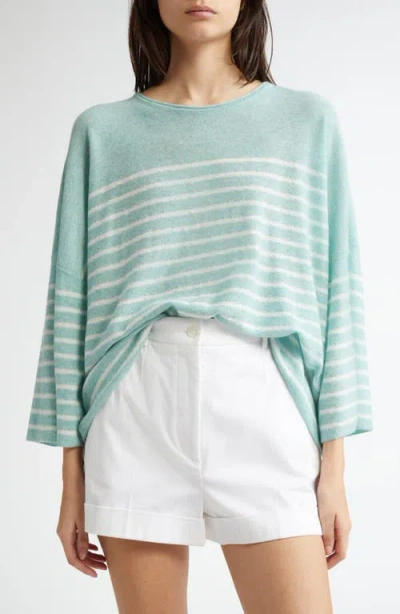 Johnstons Of Elgin Stripe Cashmere Sweater In Jade/zinc White