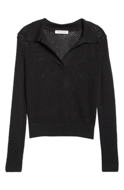 Johnstons Of Elgin Superfine Cashmere & Silk Crochet Long Sleeve Polo In Black