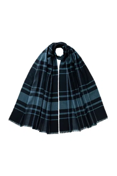 Johnstons Of Elgin Twill Check Navy Scarf In Brown