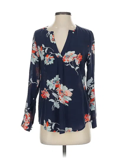 Pre-owned Joie 3/4 Sleeve Silk Top Blue Floral Pattern Plunge Neckline Tops