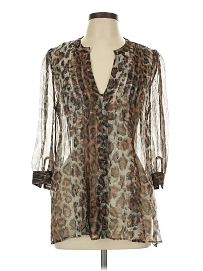 Pre-owned Joie 3/4 Sleeve Silk Top Brown Animal Print Pattern Plunge Neckline Tops