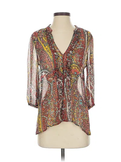 Pre-owned Joie 3/4 Sleeve Silk Top Brown Plunge Neckline Tops