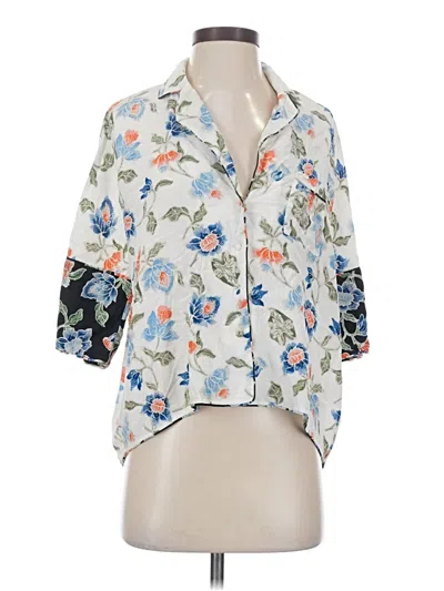 Pre-owned Joie 3/4 Sleeve Silk Top Ivory Floral Pattern Plunge Neckline Tops