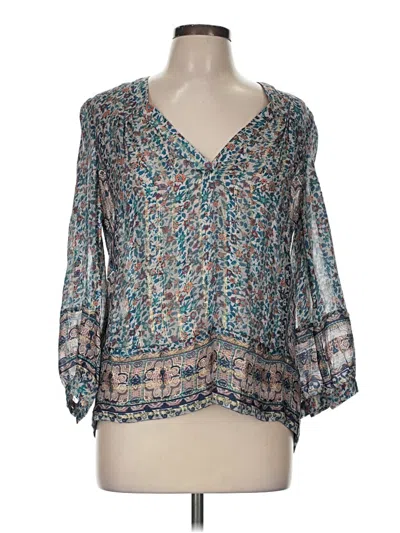 Pre-owned Joie 3/4 Sleeve Silk Top Teal Floral Pattern V-neck Tops