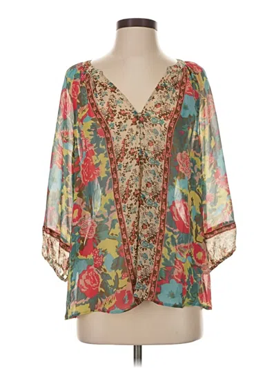 Pre-owned Joie 3/4 Sleeve Silk Top Teal Plunge Neckline Tops In Blue