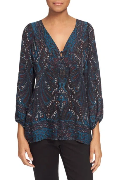 Joie 'amatite B' V-neck Print Silk Top In Deep Marine