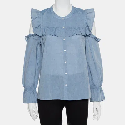 Joie Blue Cotton Cold Shoulder Ruffled Button Front Akari Top
