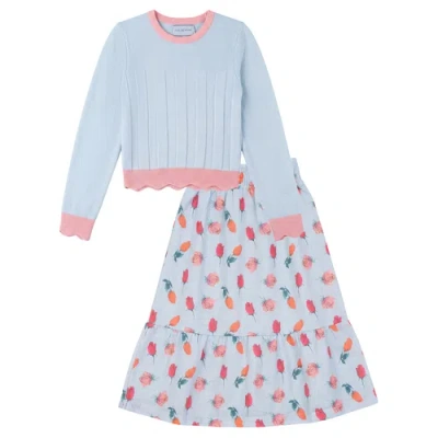 Joie De Vivre Kids'  Floral Rose Skirt And Scalloped Knit Top 2-piece Set In Blue