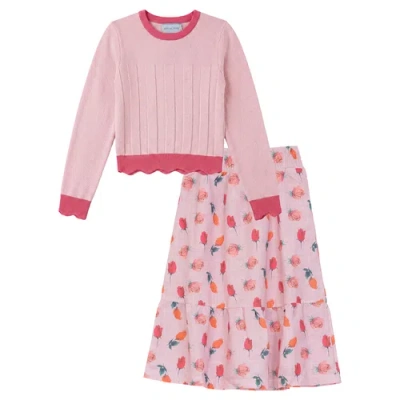 Joie De Vivre Kids'  Floral Rose Skirt And Scalloped Knit Top 2-piece Set In Pink