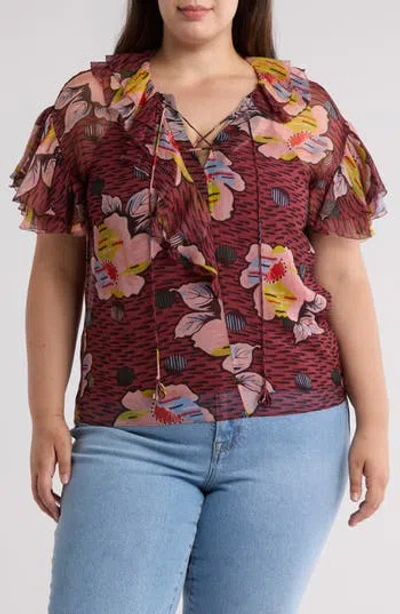 Joie Devon Floral Ruffle Silk Top In Oxblood Multi