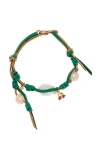 JOIE DIGIOVANNI CHERRY TREE KNOTTED LEATHER 18K YELLOW GOLD PEARL; DIAMOND BRACELET