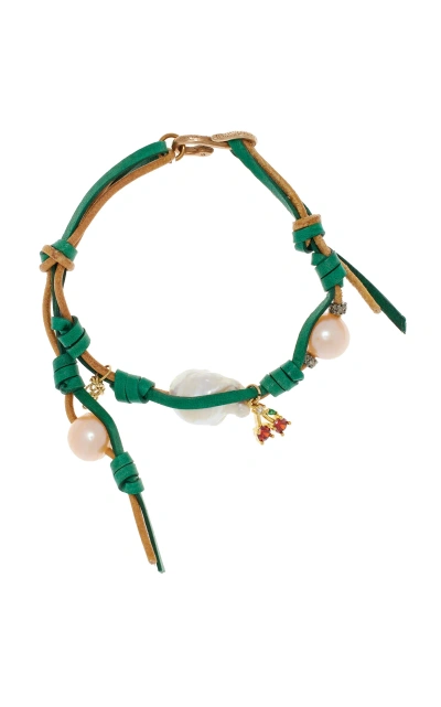 Joie Digiovanni Cherry Tree Knotted Leather 18k Yellow Gold Pearl; Diamond Bracelet In Green