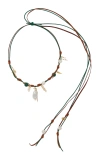 JOIE DIGIOVANNI KNOTTED LEATHER 18K YELLOW GOLD PEARL; MALACHITE NECKLACE