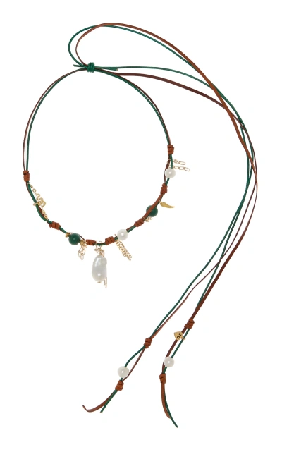 Joie Digiovanni Knotted Leather 18k Yellow Gold Pearl; Malachite Necklace In Green