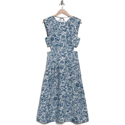 Joie Ember Print Cutout Linen Midi Dress In Porcelain And Indian Teal