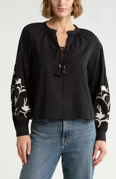 Joie Embroidered Tie Neck Top In Black