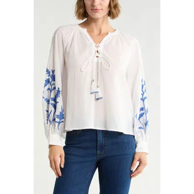 Joie Embroidered Tie Neck Top In White