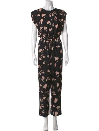 Pre-owned Joie Floral Print Crew Neck Jumpsuit In Black