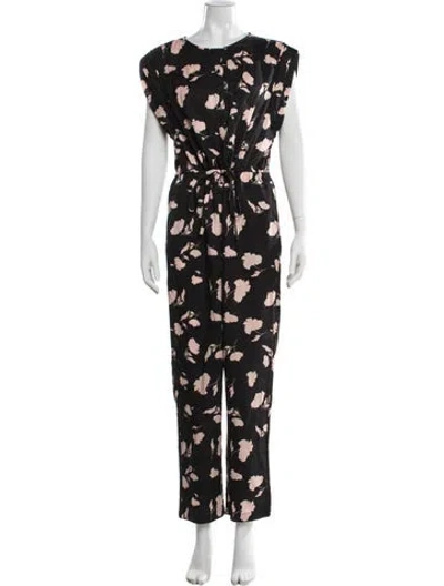 Pre-owned Joie Floral Print Crew Neck Jumpsuit In Black