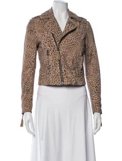 Pre-owned Joie Goat Leather Animal Print Biker Jacket In Brown