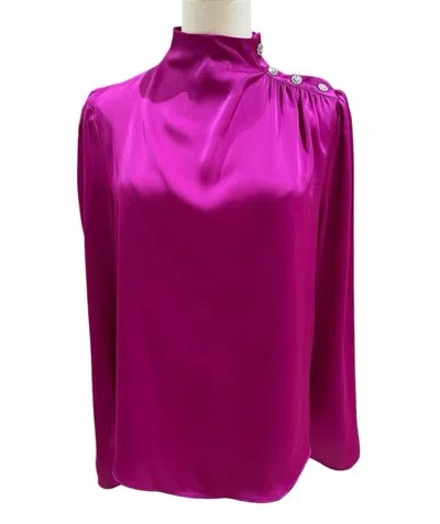 Joie High Neck Satin Rhinestone Bling Buttons Top In Pink