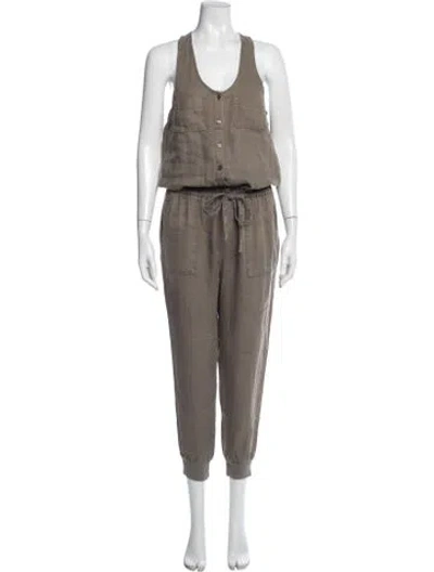 Pre-owned Joie Linen V-neck Jumpsuit In Green