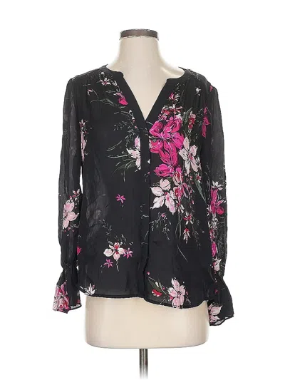 Pre-owned Joie Long Sleeve Silk Top Black Floral Pattern Plunge Neckline Tops