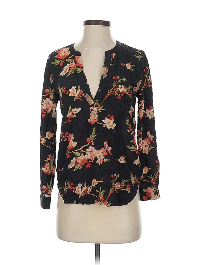 Pre-owned Joie Long Sleeve Silk Top Black Floral Pattern Plunge Neckline Tops