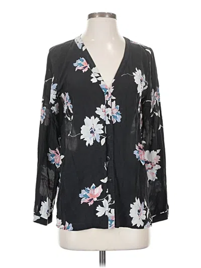 Pre-owned Joie Long Sleeve Silk Top Black Floral Pattern Plunge Neckline Tops