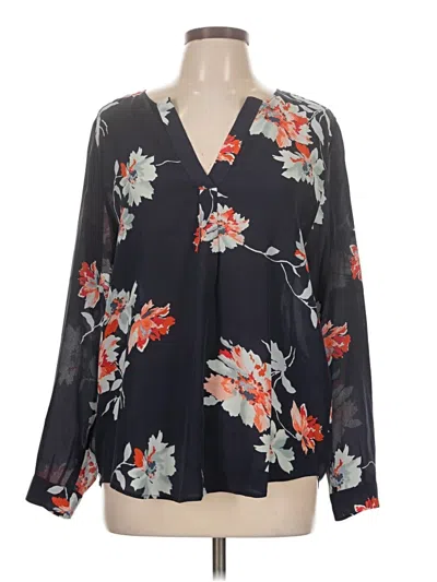 Pre-owned Joie Long Sleeve Silk Top Black Floral Pattern Plunge Neckline Tops