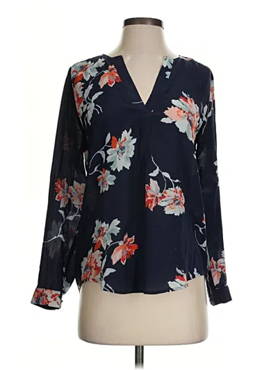 Pre-owned Joie Long Sleeve Silk Top Blue Floral Pattern Plunge Neckline Tops