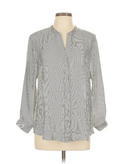 Pre-owned Joie Long Sleeve Silk Top Gray Stripes Pattern Keyhole Neckline Tops