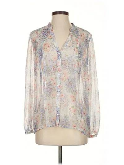 Pre-owned Joie Long Sleeve Silk Top Ivory Floral Pattern Plunge Neckline Tops In White
