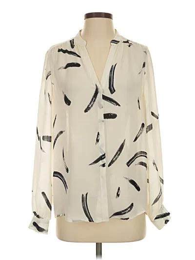 Pre-owned Joie Long Sleeve Silk Top Ivory Print Pattern Plunge Neckline Tops