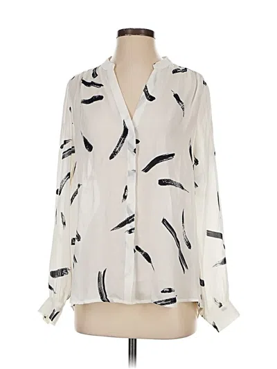 Pre-owned Joie Long Sleeve Silk Top Ivory Print Pattern Plunge Neckline Tops In White