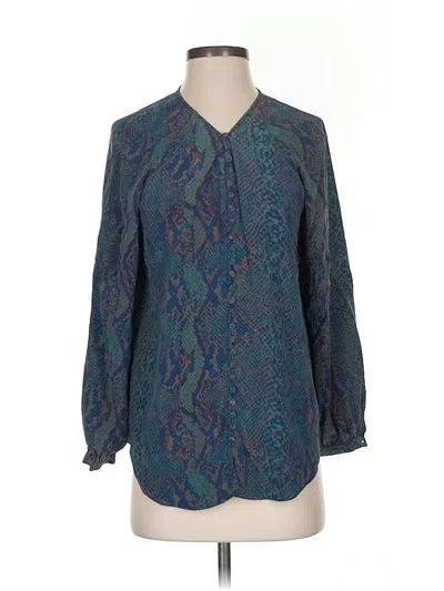 Pre-owned Joie Long Sleeve Silk Top Teal Animal Print Pattern V Neck Tops In Blue