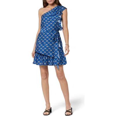 Joie Nerea Paisley One-shoulder Dress In Blue Quartz And Beige