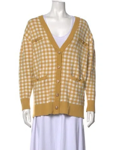 Pre-owned Joie Plaid Print V-neck Sweater In Gold