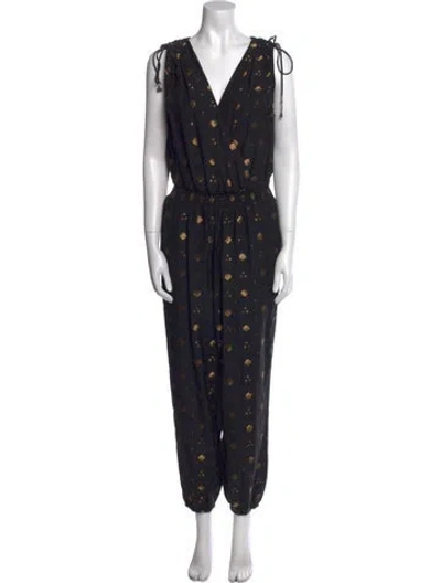Pre-owned Joie Printed V-neck Jumpsuit In Black