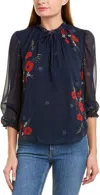 Joie Rafaella Ruffle Trim Self Tie Neckline Silk Blouse In Midnight In Multi