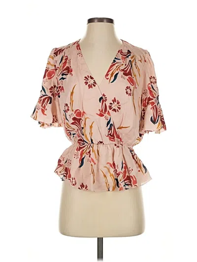 Pre-owned Joie Short Sleeve Silk Top Tan Plunge Neckline Tops In Brown