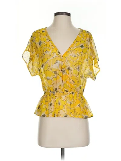 Pre-owned Joie Short Sleeve Silk Top Yellow Plunge Neckline Tops