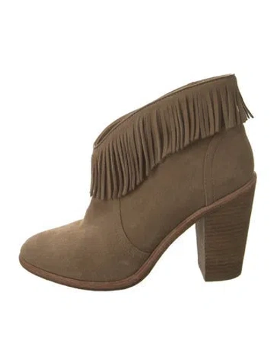 Pre-owned Joie Suede Fringe Trim Accent Boots In Neutral