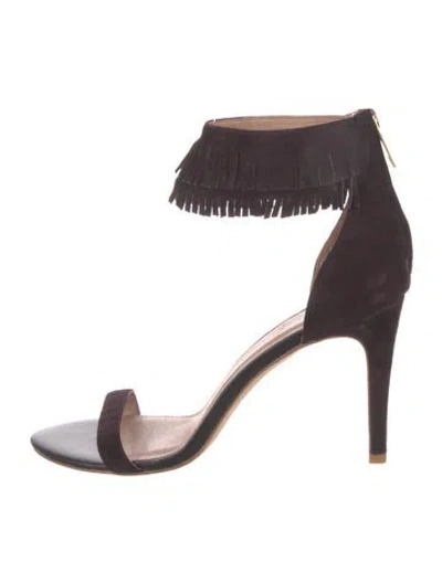 Pre-owned Joie Suede Fringe Trim Accent Sandals In Black