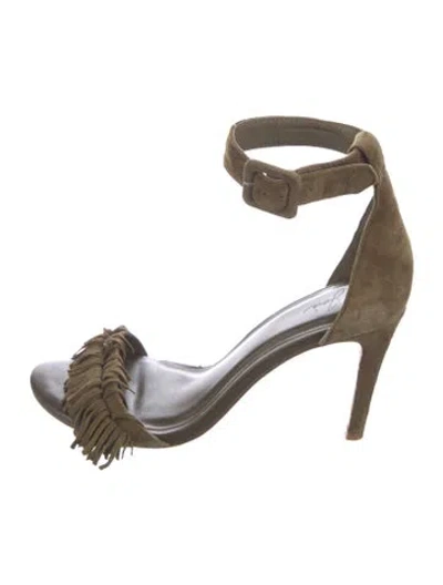 Pre-owned Joie Suede Fringe Trim Accent Sandals In Green