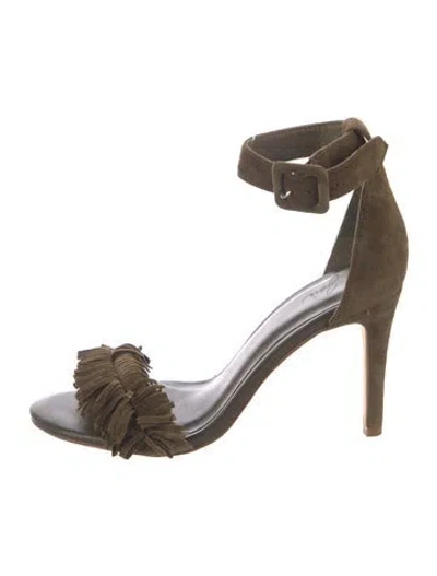 Pre-owned Joie Suede Fringe Trim Accent Sandals In Green