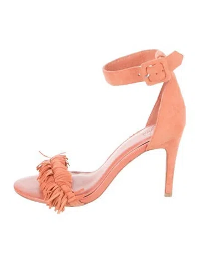 Pre-owned Joie Suede Fringe Trim Accent Sandals In Orange